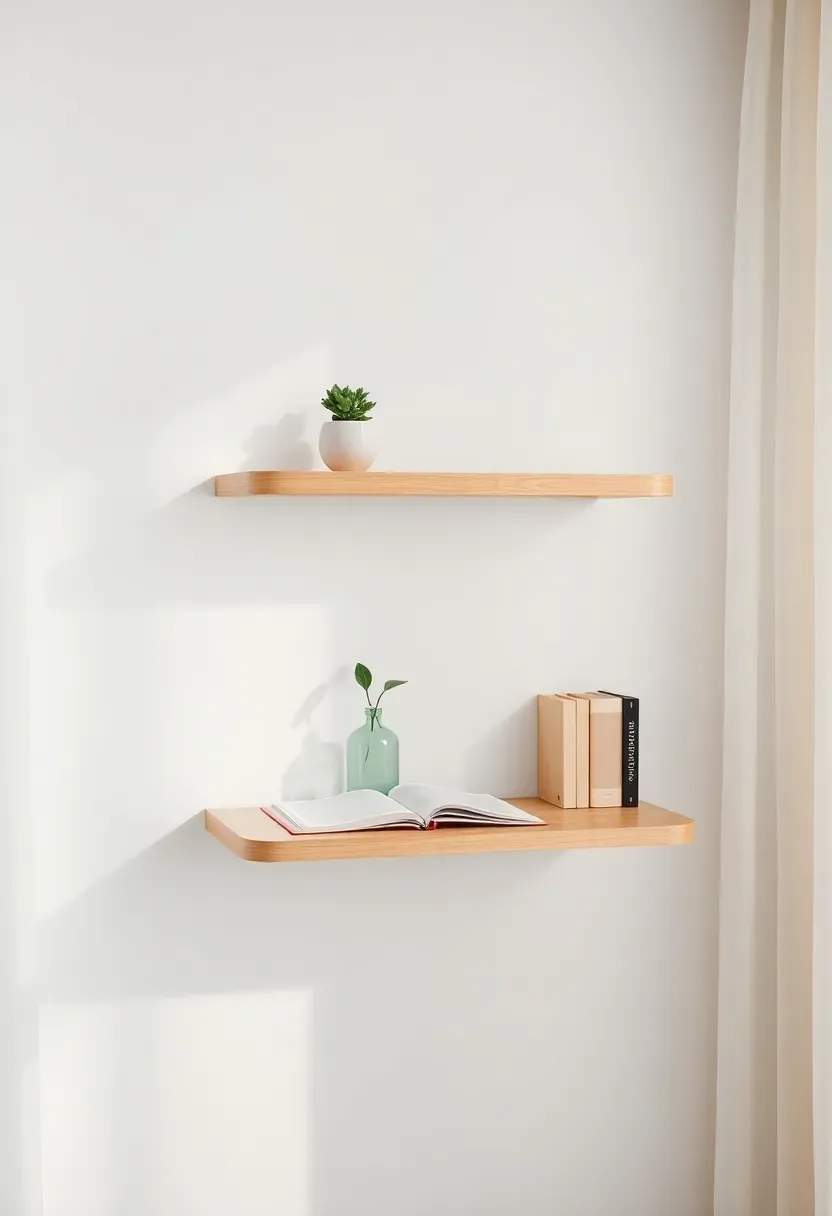 Floating oak shelves above a narrow desk with open notebook, small succulent and paperback books