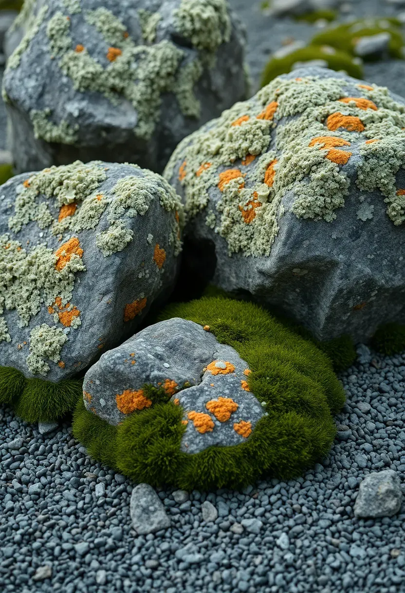 Ancient-looking lichen-covered granite boulder cluster in a zen garden with patches of silver-green lichen, deep green moss at the base, and raked gravel surroundings