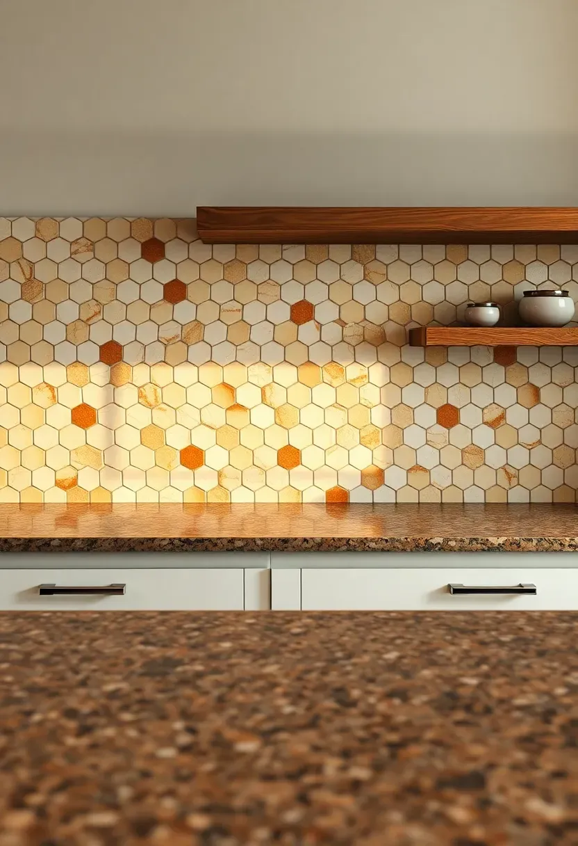 cream zellige handmade tile backsplash with irregular surface catching kitchen light above fantasy brown granite counters