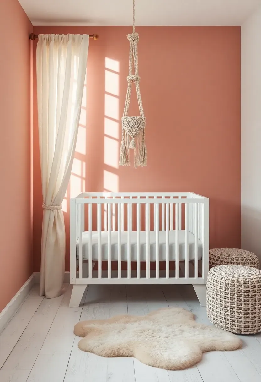 nursery with dusty rose accent wall behind a white crib with a woven mobile and soft linen curtains
