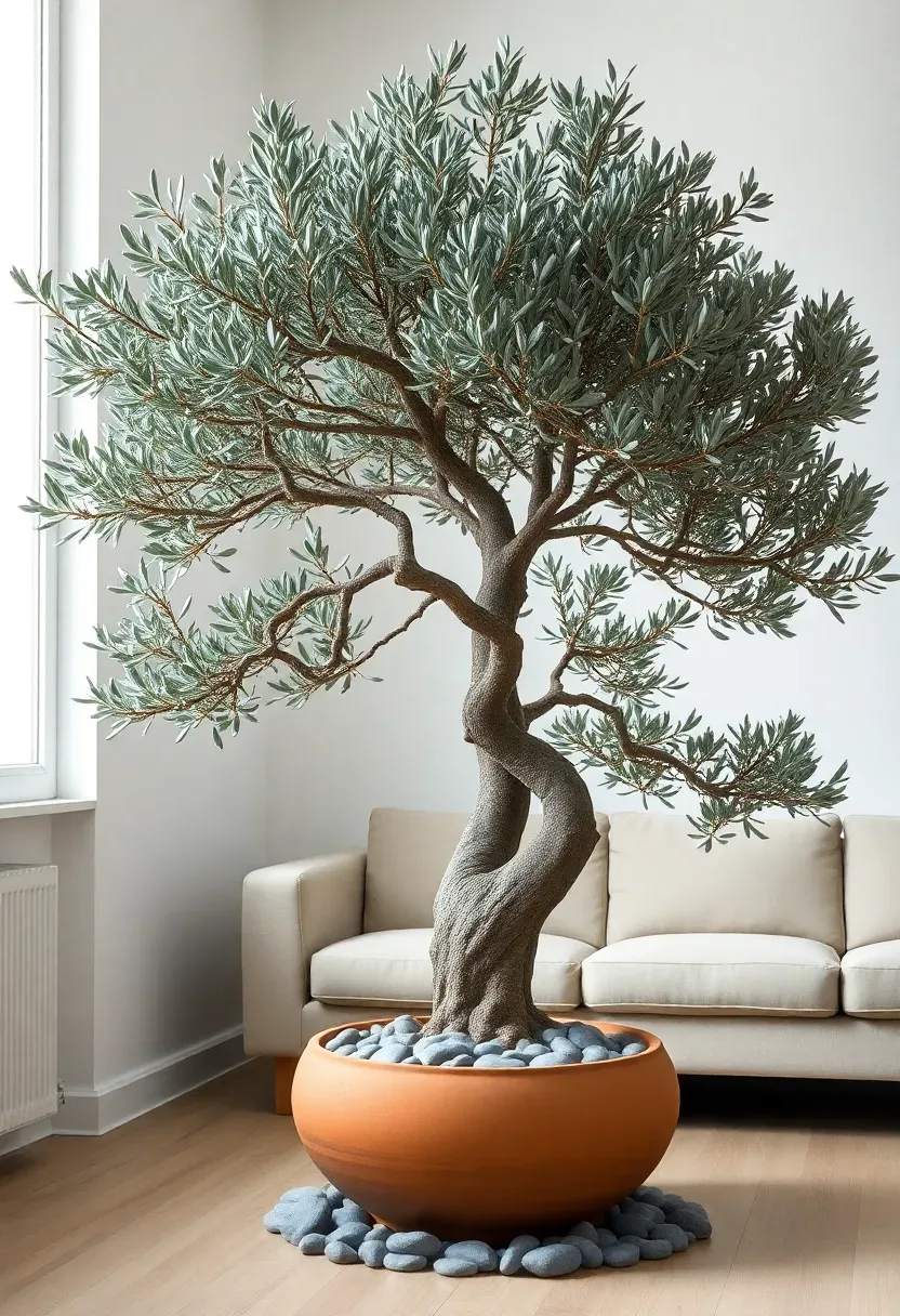 Hyper-realistic 3/4 view of minimalist living room with large indoor olive tree in corner, gnarled trunk reaching toward ceiling, dense grey-green foliage creating canopy effect. Wide low terracotta pot with smooth grey river stones at base. Light beige sofa in background, white walls, light wood floor. Materials: living plant, terracotta ceramic, river stones. Natural light from window, plant casting soft organic shadow. Tree as sculptural focal point. Shallow depth of field, sharp details on trunk texture and leaves. No text, no logos, no watermarks.</p>