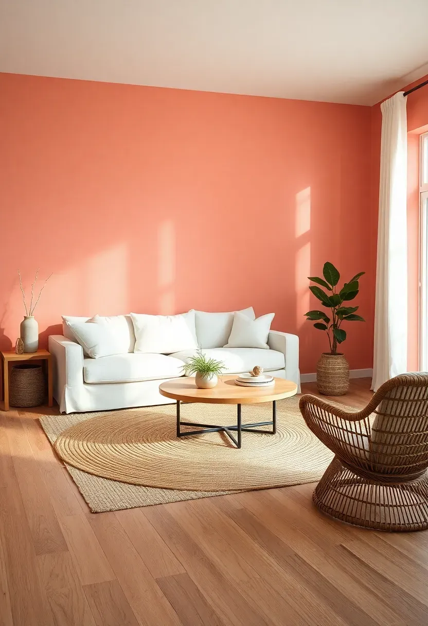Hyper-realistic 3/4 view of a minimalist living room with soft coral walls, white linen sofa, natural jute area rug, light oak coffee table, and rattan accent chair. Materials: matte soft coral paint, white linen upholstery, natural jute rug, light oak wood, rattan chair, white linen curtains. Soft natural daylight with warm shadows, organic and inviting atmosphere. Clean composition with negative space, sharp texture details, no clutter, no text, no watermarks.</p>
