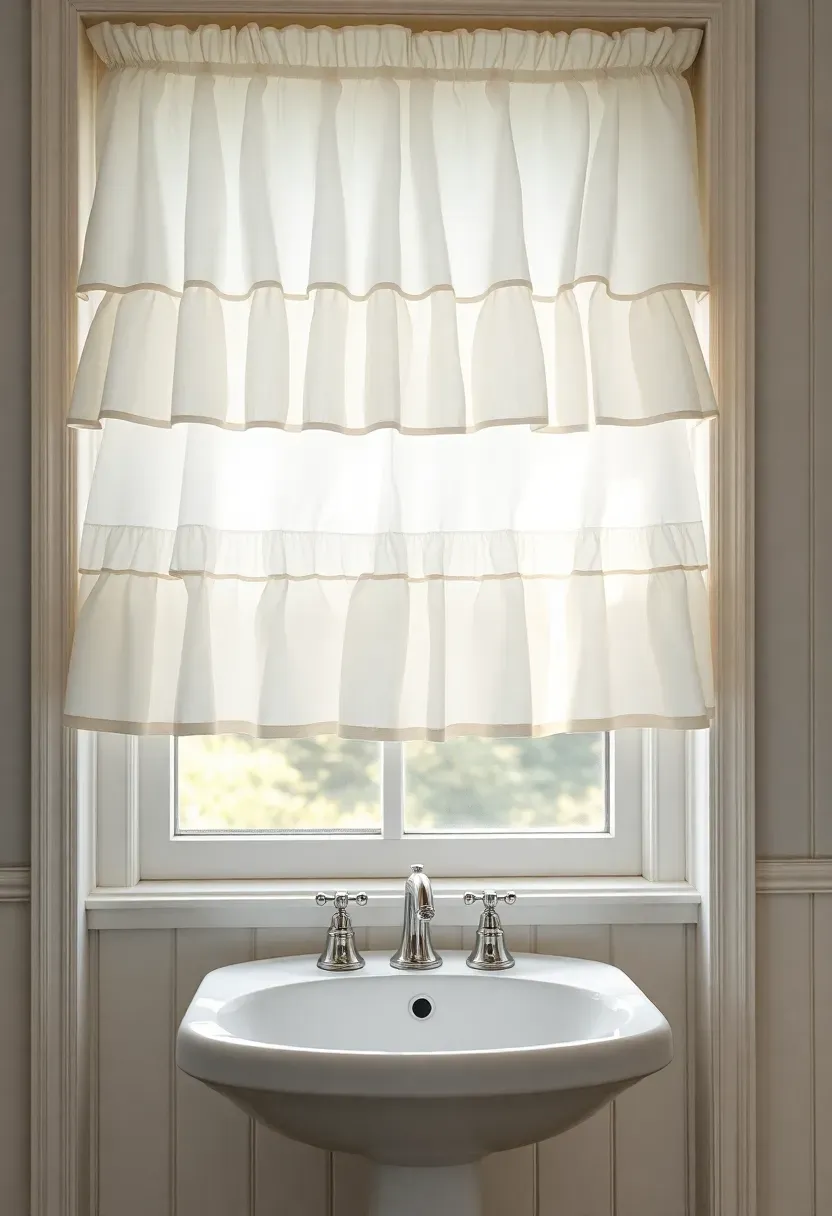 Cottage style bathroom with tiered white ruffle curtain on a window above a pedestal sink soft natural light