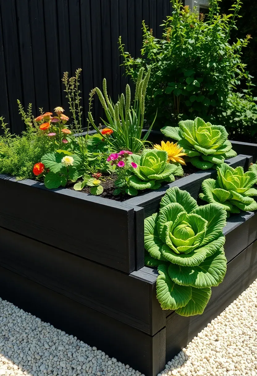 Raised garden bed built from dark fire-treated railway sleeper timber, with a rustic weathered texture, planted with dense vegetables in a naturalistic country garden setting