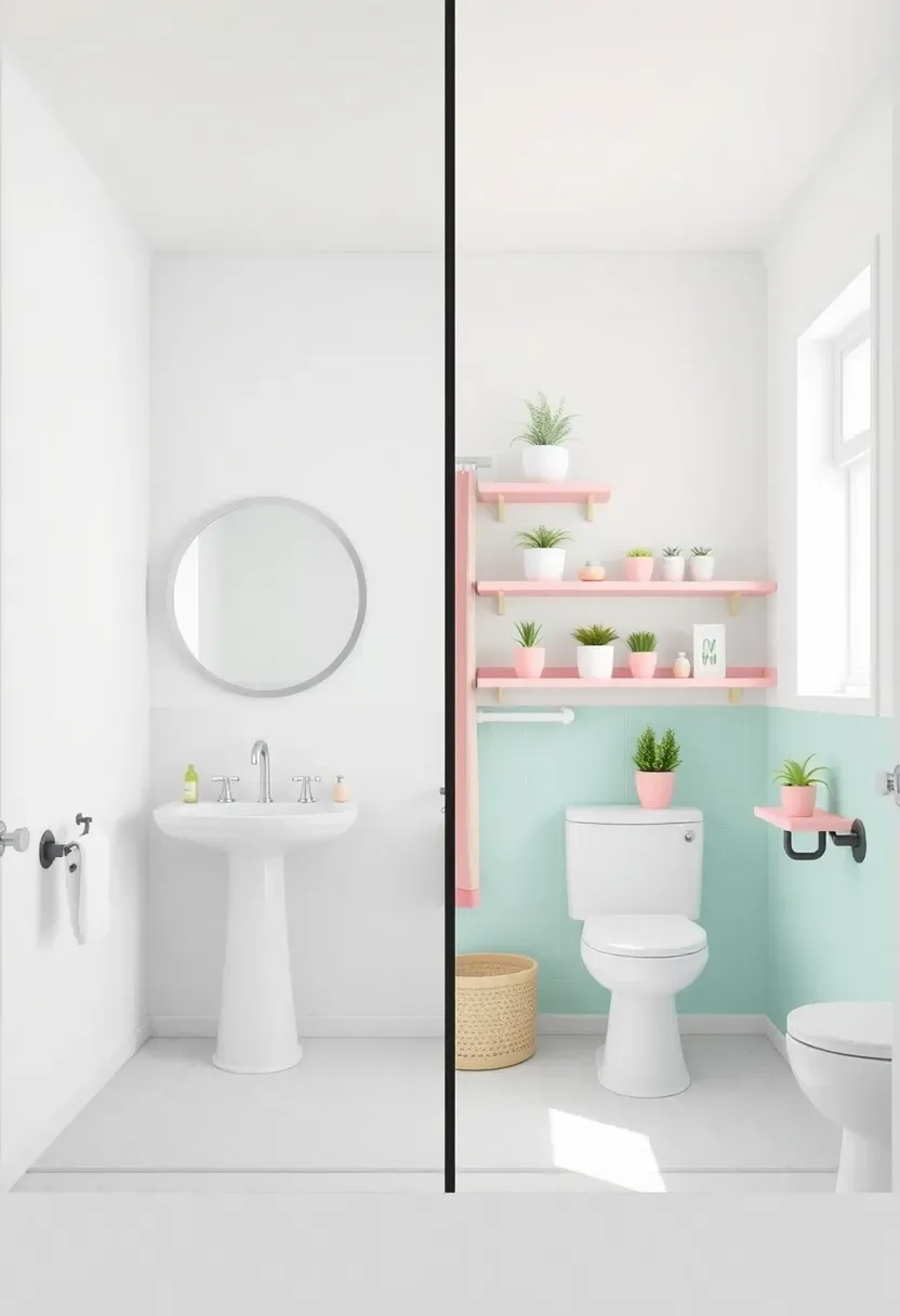Before and after budget-friendly Toca Boca bathroom makeover — plain white apartment bathroom transformed with pastel accessories, floating shelves, and plants under $215