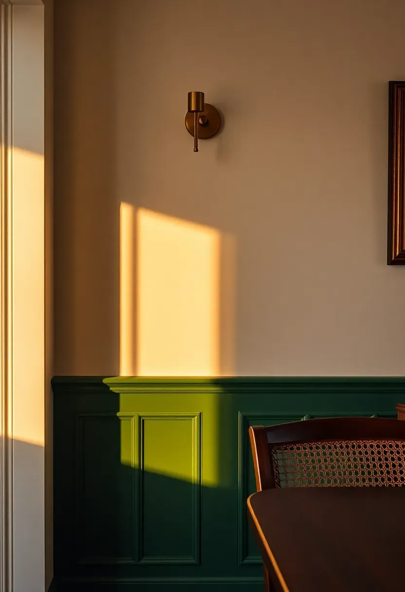 elegant wainscoting paneling painted in deep forest green on the lower half of a dining room wall