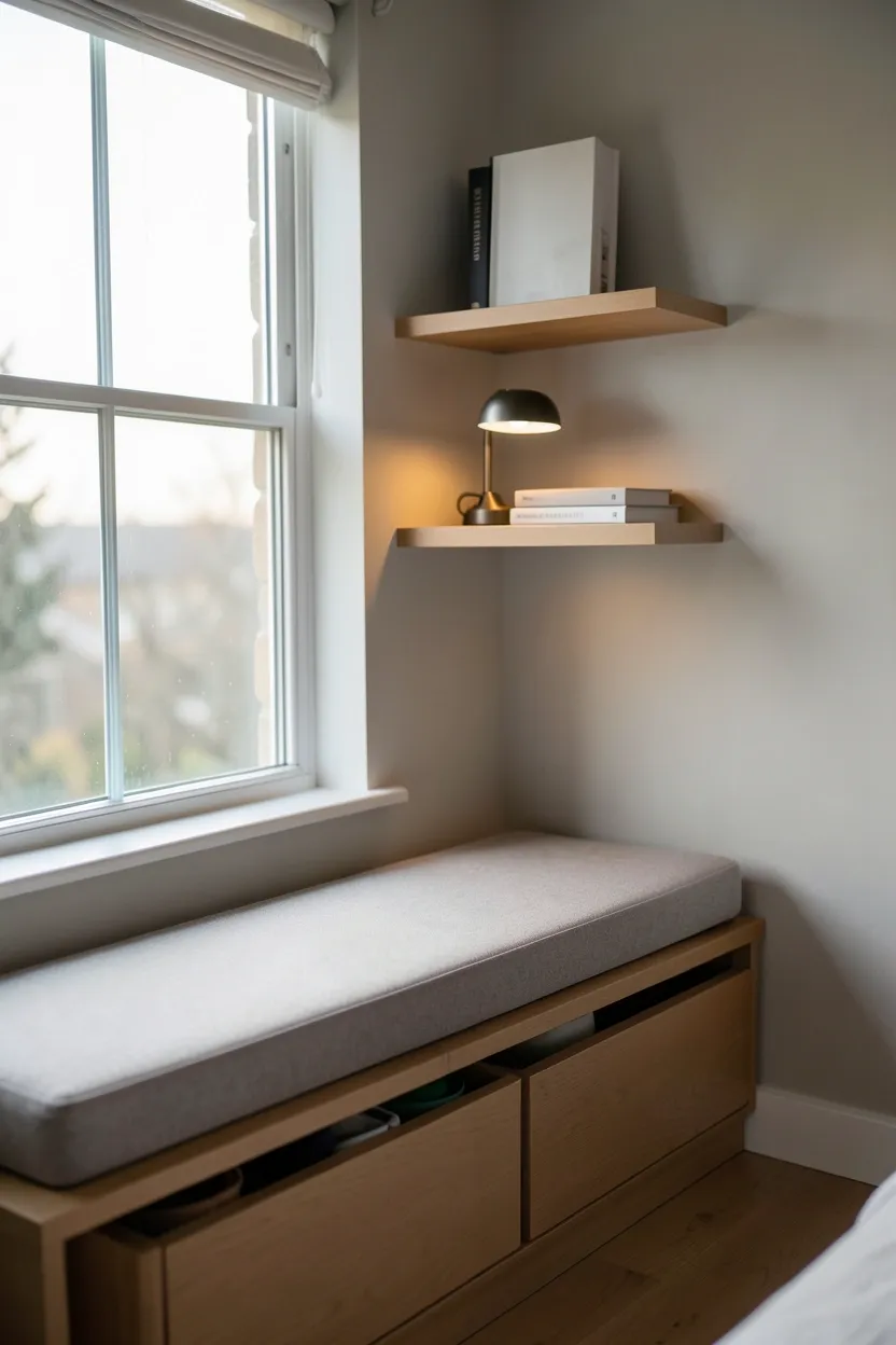 White built-in window bench with a hinged lid and linen cushion under a large window, floating shelves on either side — bedroom reading nook with hidden storage