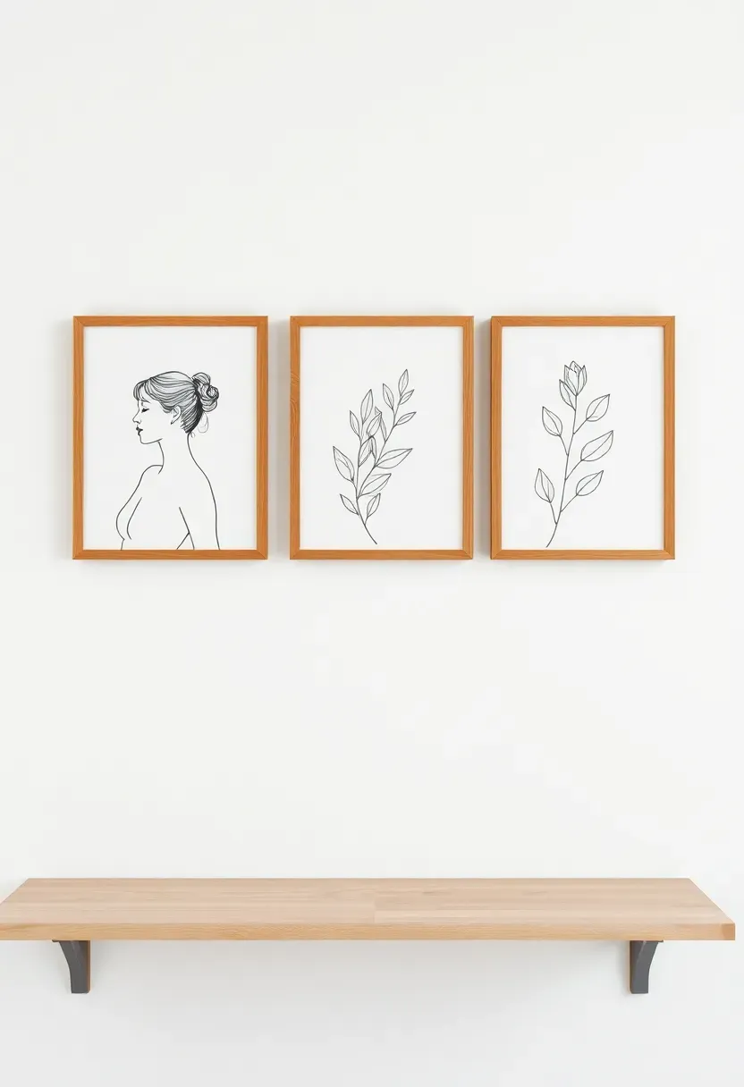 Series of three minimalist line art prints in thin natural oak frames showing abstract female forms and botanical outlines on a clean white wall