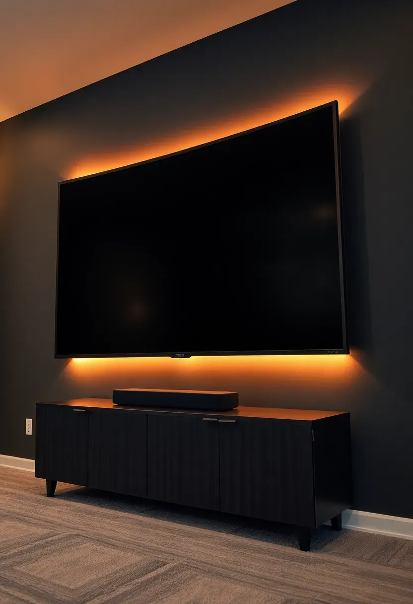 basement wall with ultrawide curved screen mounted at eye level and dark painted surround