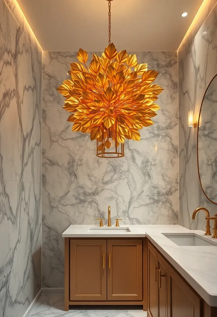 Ornate gilded leaf cluster chandelier with gold metalwork leaves in a luxurious bathroom with veined marble walls