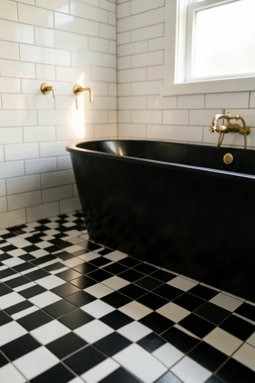 Black tile border at chair rail height creating a striking horizontal line in a white bathroom
