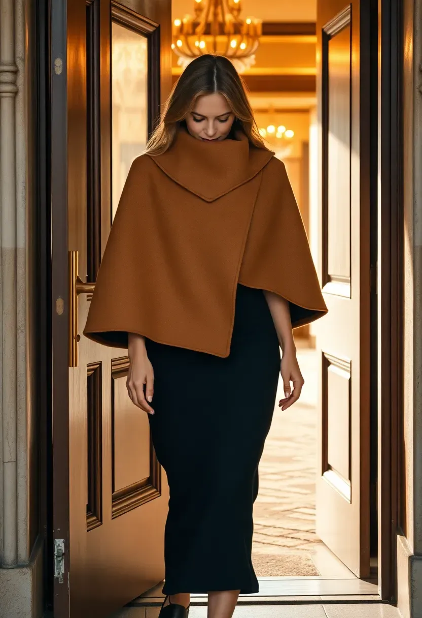 woman in a structured cape coat over a fitted dress arriving at an elegant winter baby shower