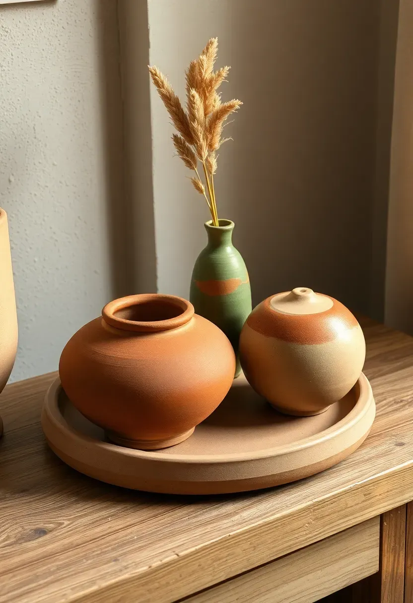 Earthy ceramic vessels in varying shapes grouped on round terracotta tray