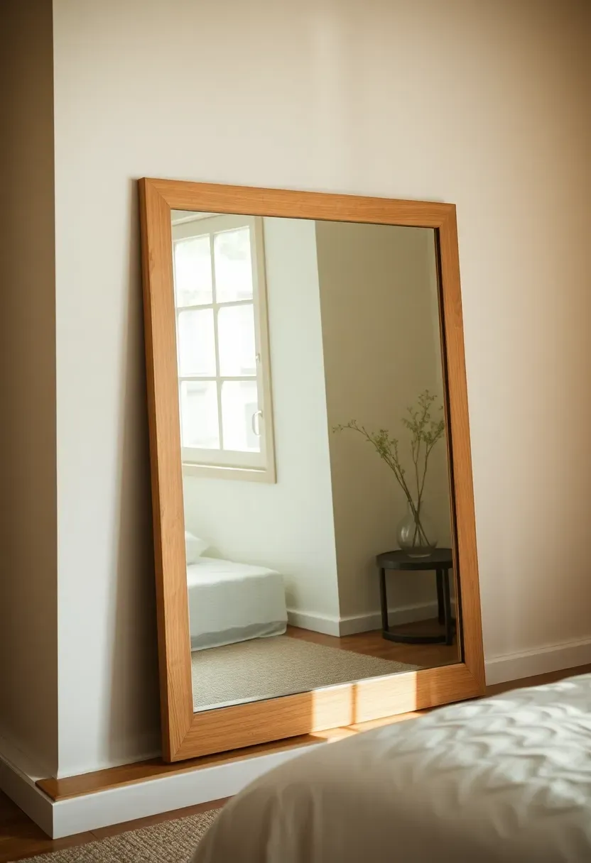 Lean-to mirror with light oak wood frame