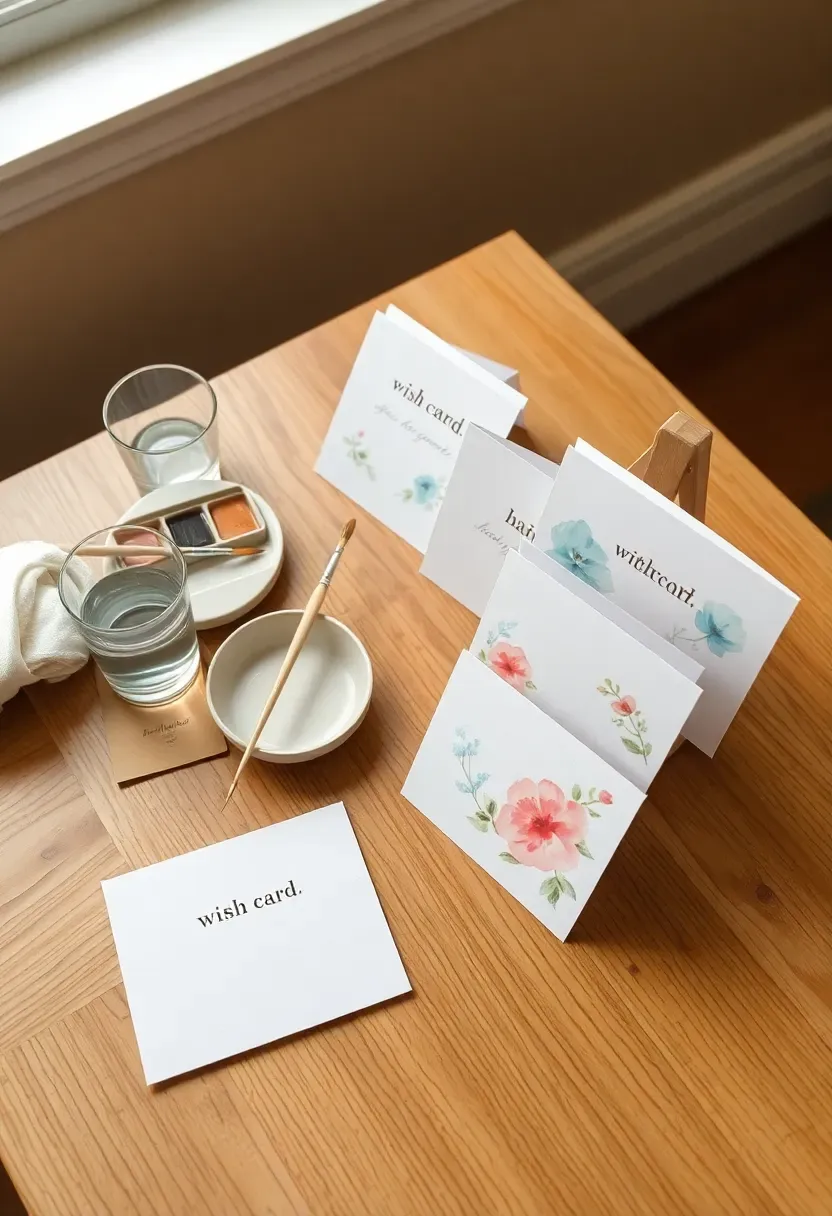 watercolour wish card table at baby shower with art supplies paintbrushes and blank cards