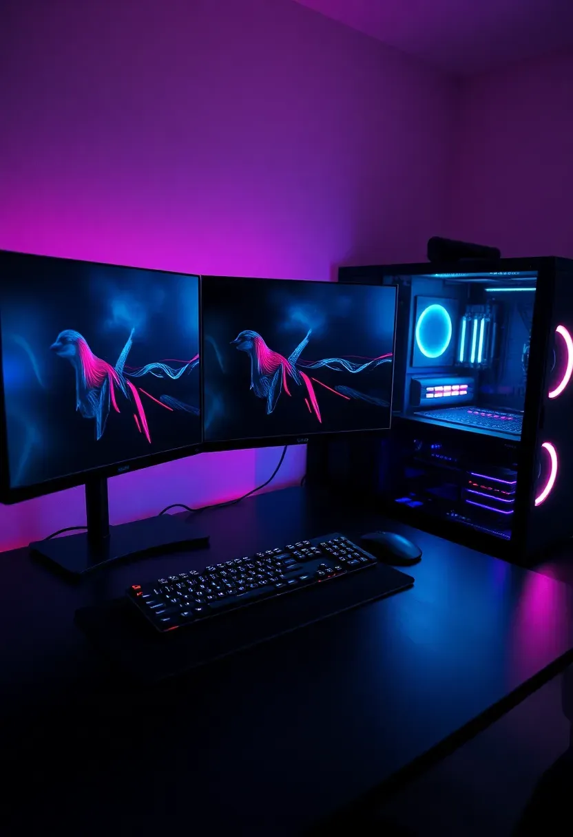 Tech-forward multi-monitor home office with three curved screens on wide black desk, mechanical keyboard and RGB PC tower