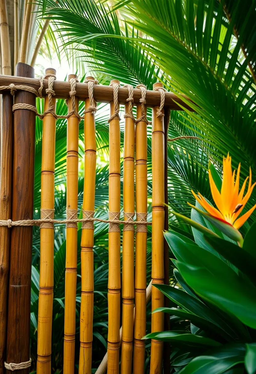 Backyard gate constructed from bamboo poles lashed to a timber frame with natural rope bindings in a tropical garden