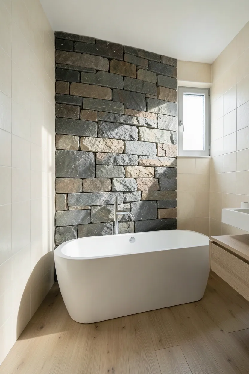 Hyper-realistic eye-level photograph of stone wall feature in zen bathroom. One wall features stacked natural slate stones in varying grey and charcoal tones. Stones are rough natural shapes creating organic texture. Remaining walls in pale cream ceramic tiles for contrast. White freestanding tub positioned to face stone wall. Floor in light wood planks. Minimal floating vanity. Small frosted window. Natural morning light creates shadows on stone texture. Materials: natural slate, ceramic, oak wood. Organic natural mood. Focus on stone wall texture. No text, no logos, no watermarks.</p>