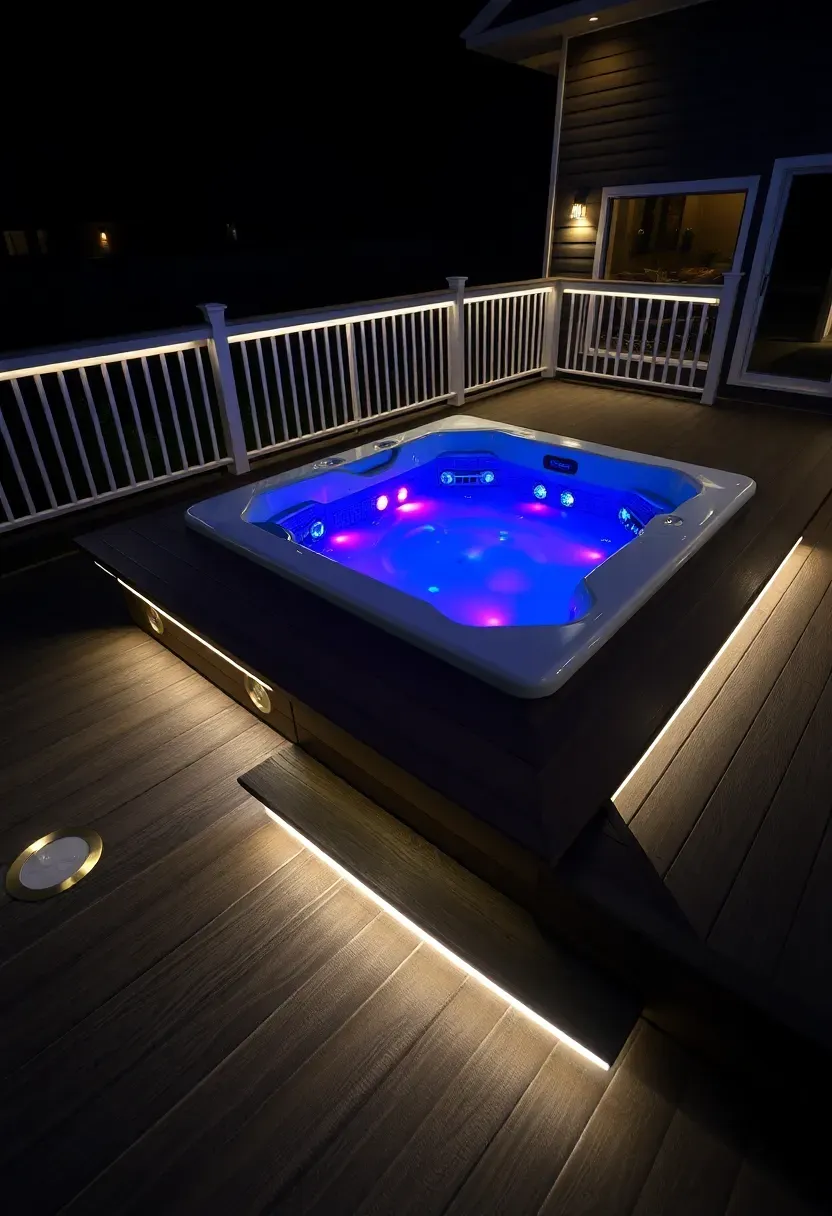 A modern backyard deck at night with a swim spa illuminated by recessed LED deck lights, color-changing spa jets, and accent rope lighting along the stairs