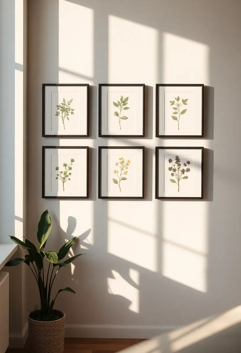 Apartment sunroom wall with a symmetrical gallery arrangement of framed botanical prints in thin black frames mounted on command strips, warm afternoon sunlight creating gentle shadows on the white wall
