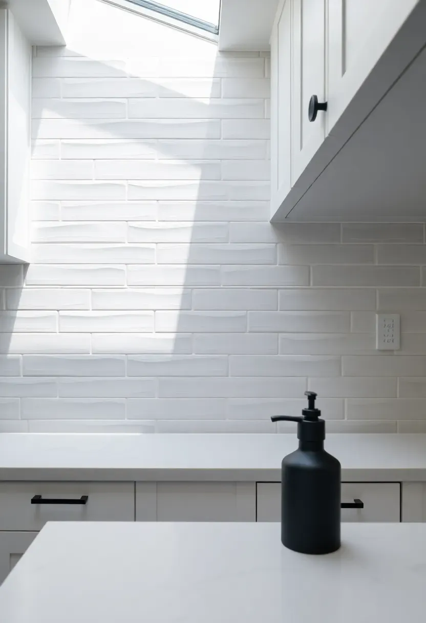 vertical stacked light gray subway tile backsplash in a minimalist white kitchen with quartz countertops and matte black hardware