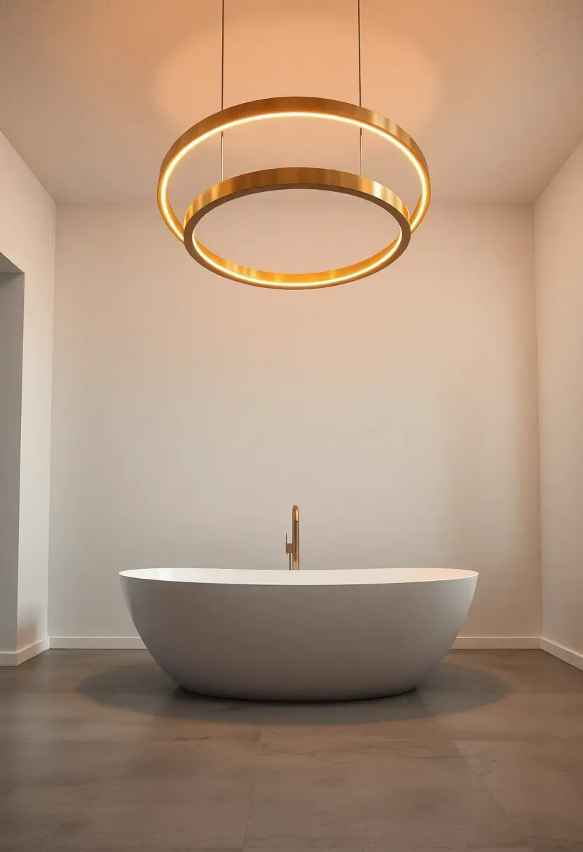 Sleek tiered ring LED chandelier with three concentric brushed gold rings in a contemporary bathroom
