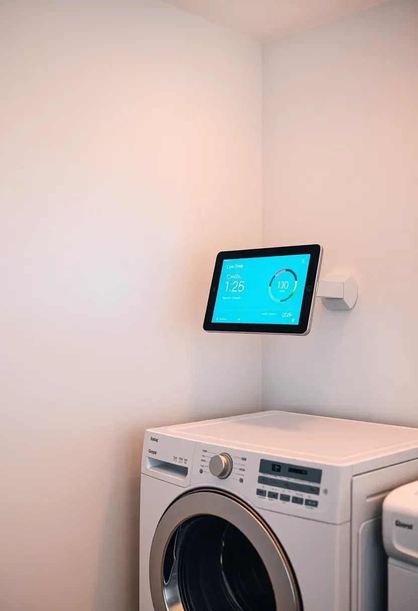 Small tablet-style smart home panel mounted on the wall beside a stacked washer dryer showing cycle status and energy use