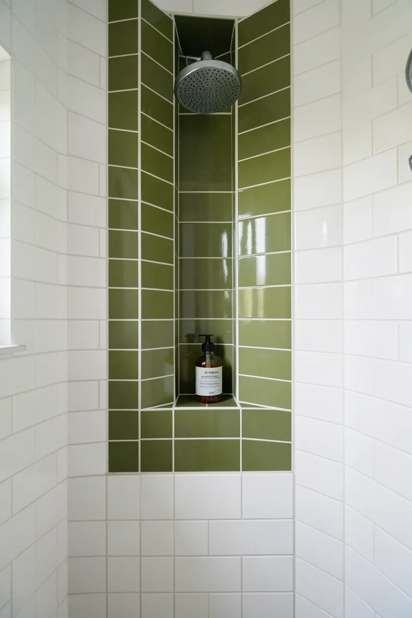 Hyper-realistic eye-level photograph of a modern green bathroom shower showing built-in tiled niche in olive green, surrounded by white subway tile walls with white grout, chrome shower head, glass bottle of shampoo in niche. Natural light. Materials: olive green ceramic tiles, white subway tiles, chrome fixtures. Subtle green accent detail. Clean minimalist composition. No text, no logos, no watermarks.</p>
