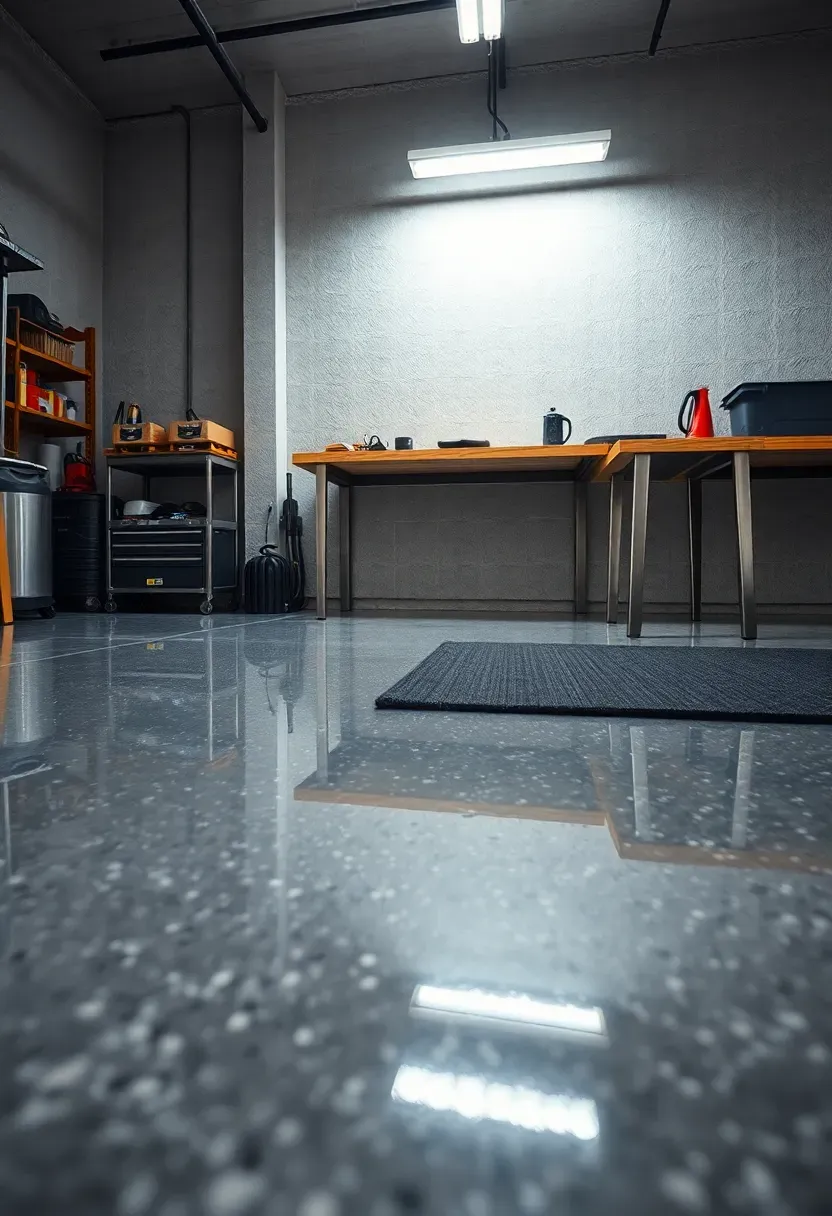 Garage workshop with a glossy grey epoxy floor reflecting overhead lights and a clean organized workbench area
