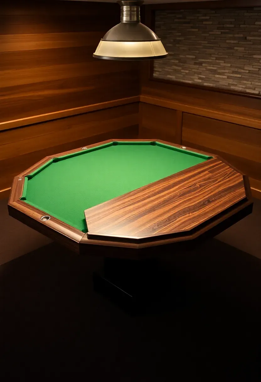Octagonal poker table with a reversible dining surface in a basement game room