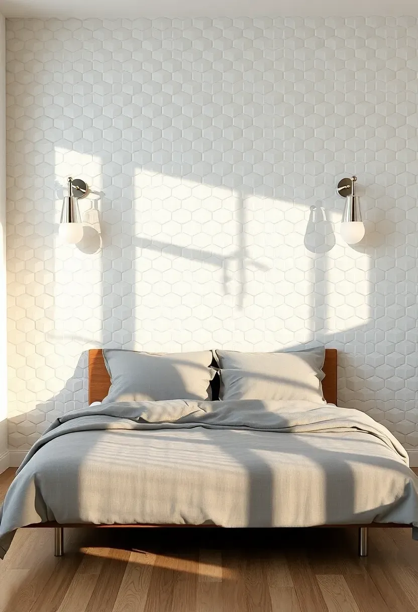 contemporary bedroom with white 3D geometric wall tiles creating a textured accent wall behind a floating bed with soft gray bedding and side sconces