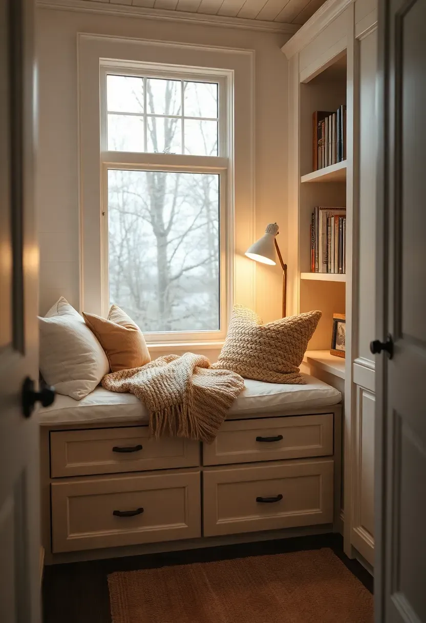 Hyper-realistic 3/4 view of tiny house window seat reading nock with plush cushions and warm lighting. Materials: built-in window seat with storage drawers, cream linen cushions with chunky knit throw blanket, warm throw pillows, small floor lamp, built-in bookshelves with white wood trim. Soft warm natural light from window plus ambient lamp glow, inviting hygge-inspired reading sanctuary with beige and cream tones. Shallow depth of field, sharp details on cushion textures and wood trim, visible tiny house scale with clever built-in design. No text, no logos, no watermarks.</p>