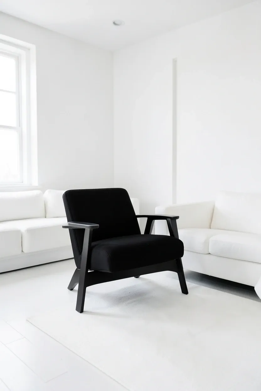Sleek black accent chair with clean lines positioned near a window in an all-white minimalist living room for bold monochrome contrast