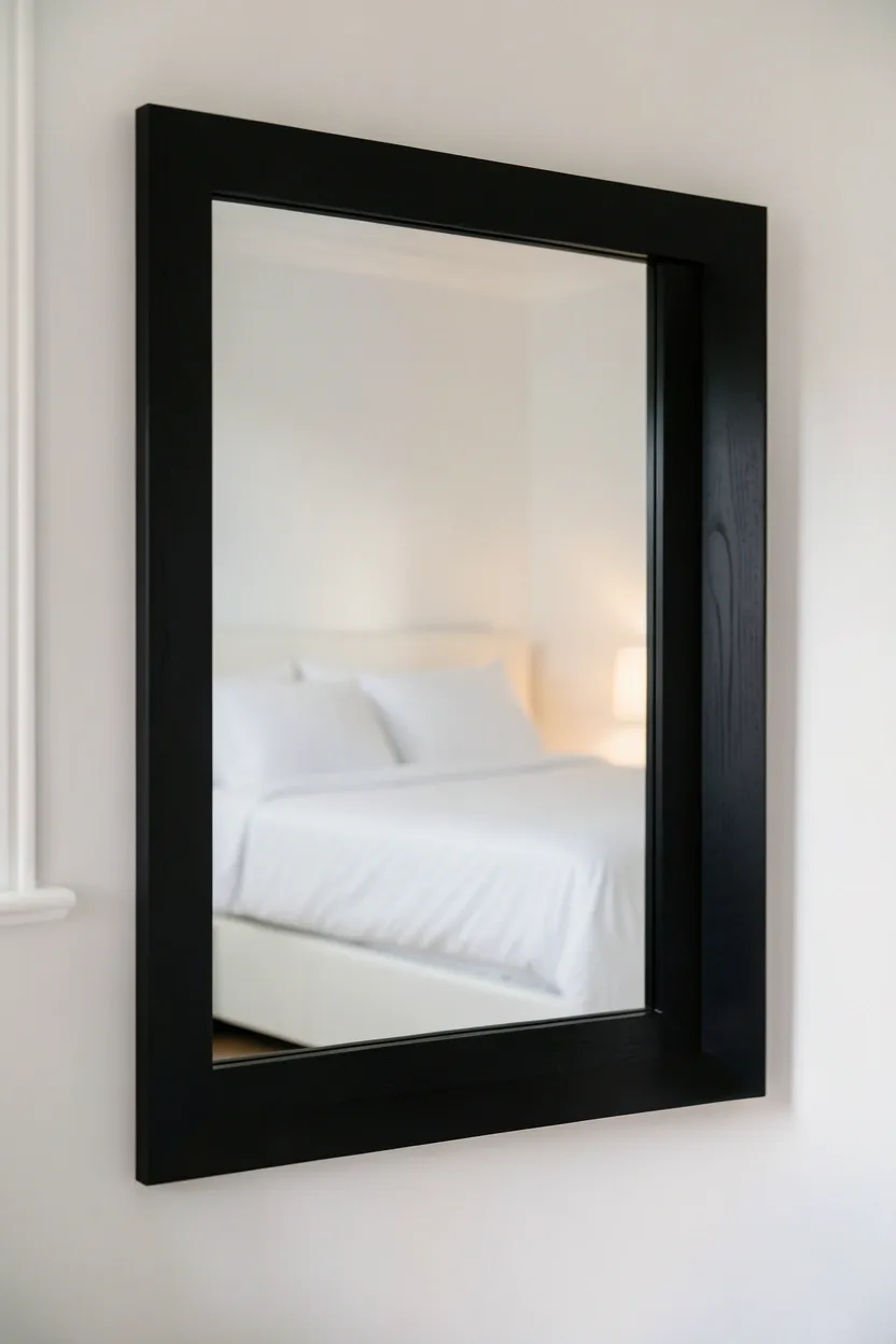 Large black-framed mirror leaning against white bedroom walls above a white dresser reflecting natural light