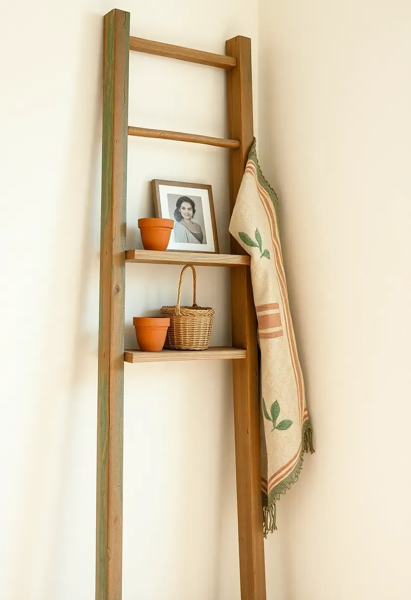 Antique wooden ladder repurposed as a vertical shelf, leaning against a wall and holding books, plants, and woven baskets