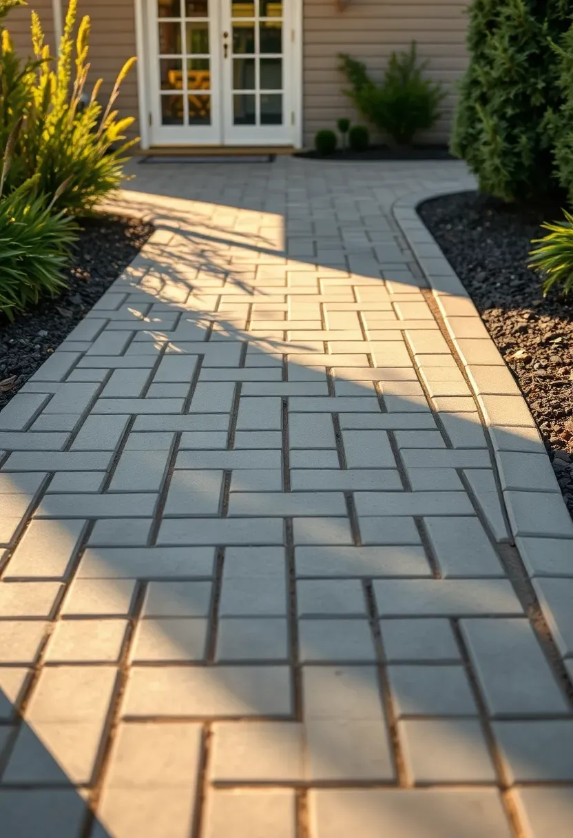 Interlocking concrete paver patio in a herringbone pattern extending from a back door into a backyard with border landscaping
