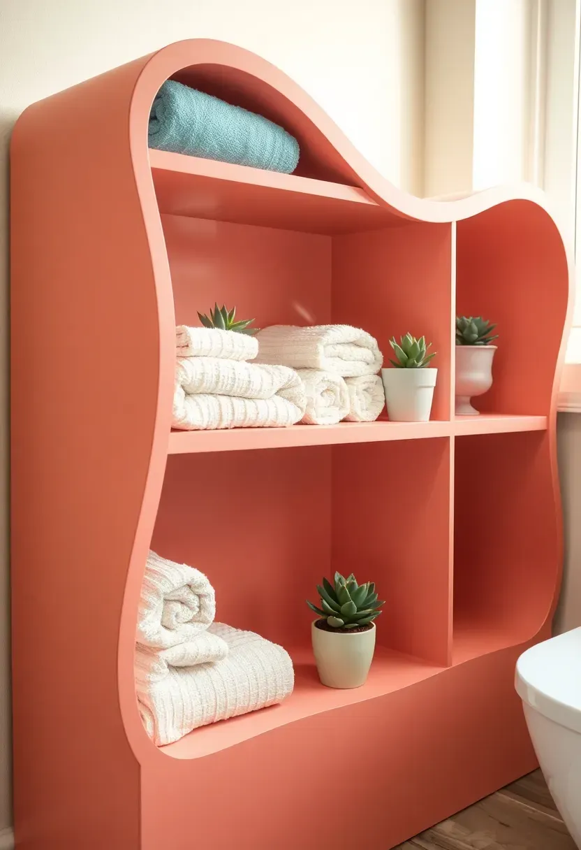 Curved bathroom storage shelves with wave-inspired edges in soft pastel tones, renter-friendly coastal organization idea