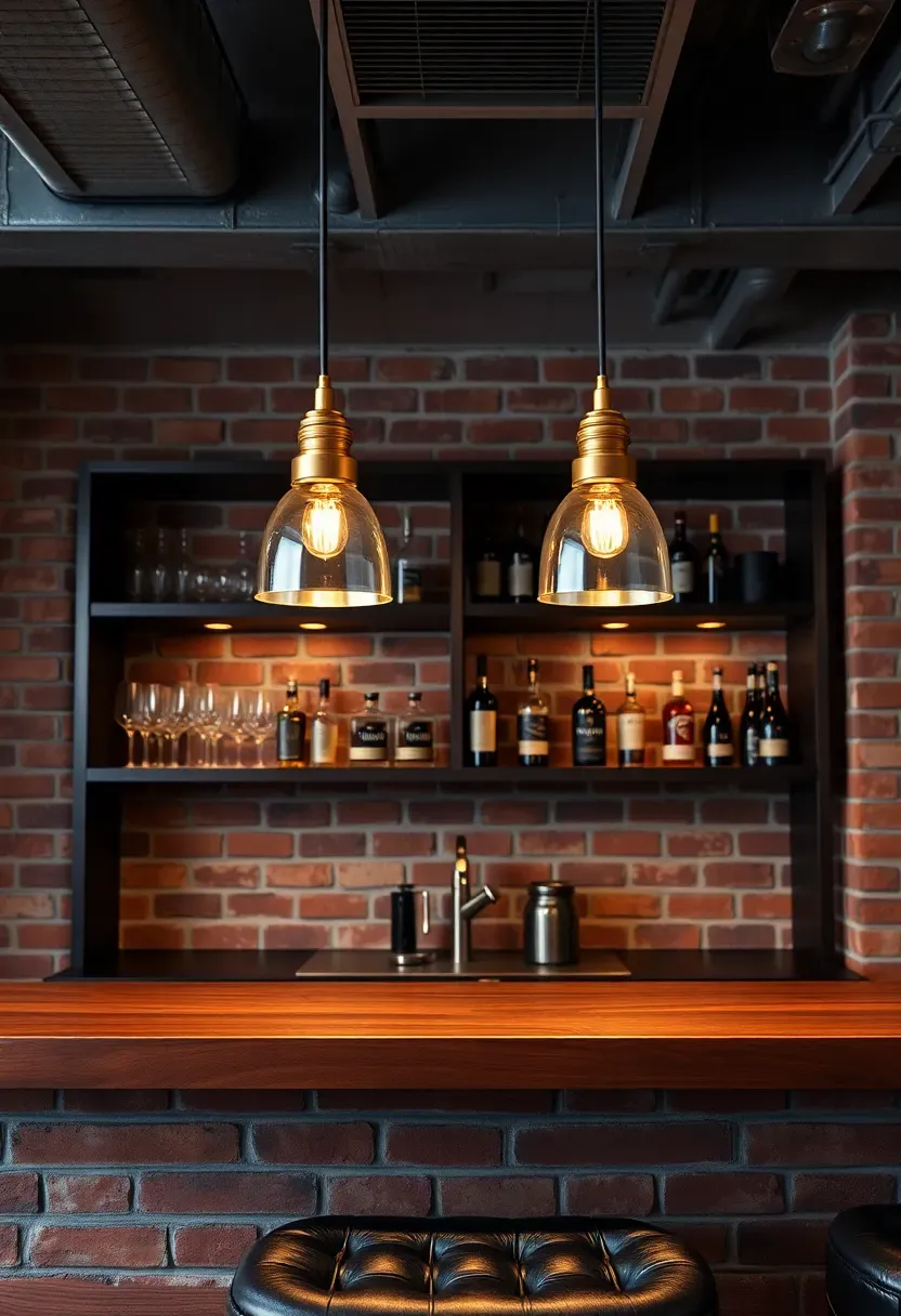 Exposed red brick veneer accent wall behind a wet bar in a renovated basement with pendant lights and open shelving