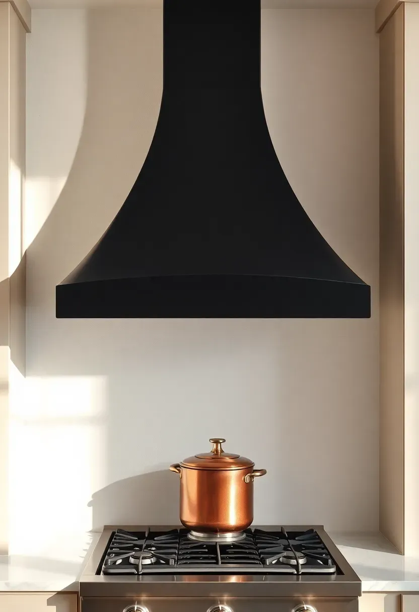 Bold sculptural black range hood as a focal point above a gas cooktop in a modern kitchen