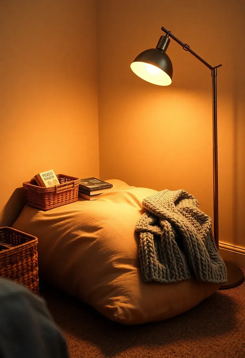 cozy dorm reading corner with floor cushion small bookshelf fairy lights and warm throw blanket