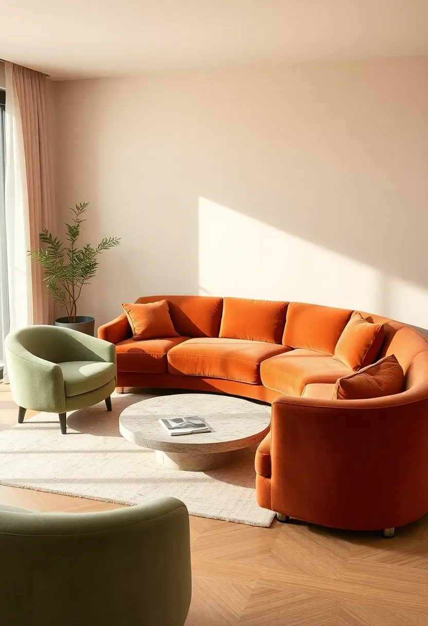 Hyper-realistic view of minimalist living room with terracotta curved sofa as centerpiece. Round travertine coffee table, sage green curved armchair, warm beige walls. Materials: matte velvet upholstery in terracotta, natural travertine, light oak floor, linen throw pillows. Soft north-facing natural light, gentle shadows emphasizing curved forms. Organic modern mood with earth tone palette. Shallow depth of field, sharp details on furniture curves, balanced composition, no clutter, visible window with sheer curtains.</p>
