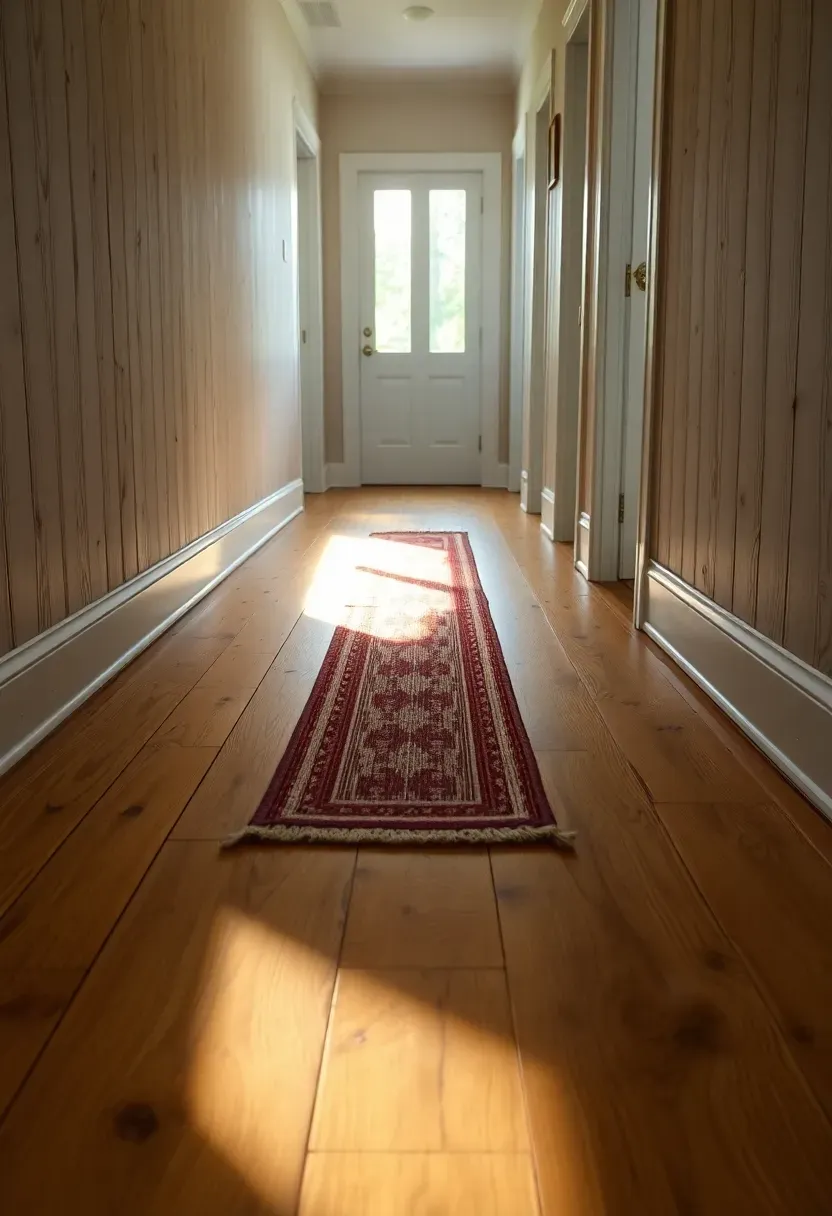 wide plank knotty pine flooring in a colonial hallway with a narrow runner rug