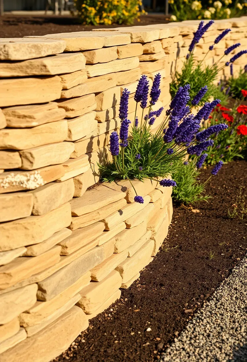 A curved stone retaining wall creating a raised garden bed on a gentle slope, planted with lavender and salvia
