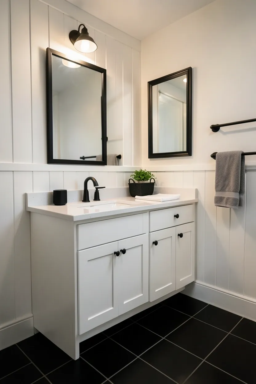 White board and batten walls with vertical pattern against black tile floor and brass fixtures — classic black and white bathroom