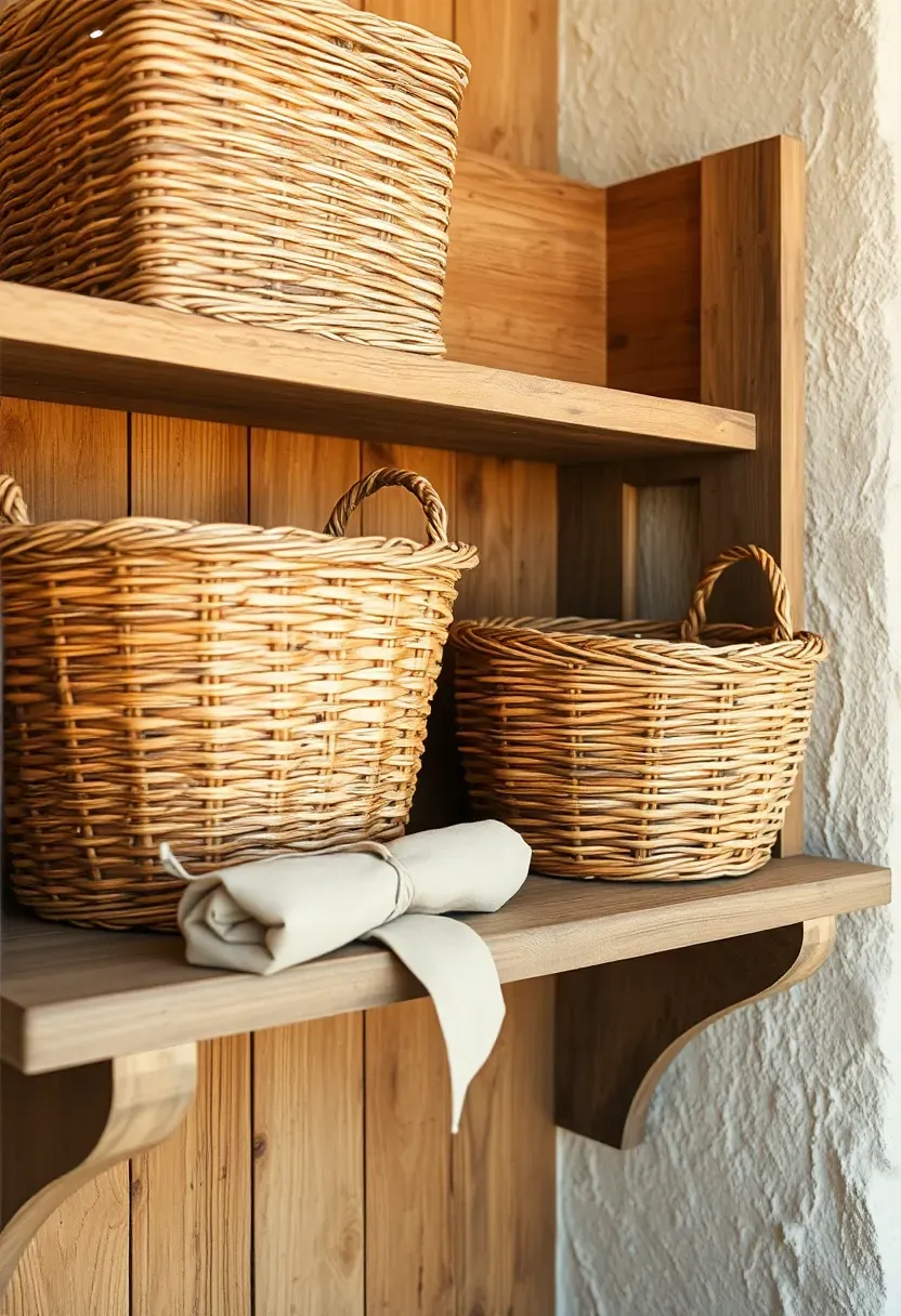 wicker and rattan baskets on a rustic reclaimed wood shelf