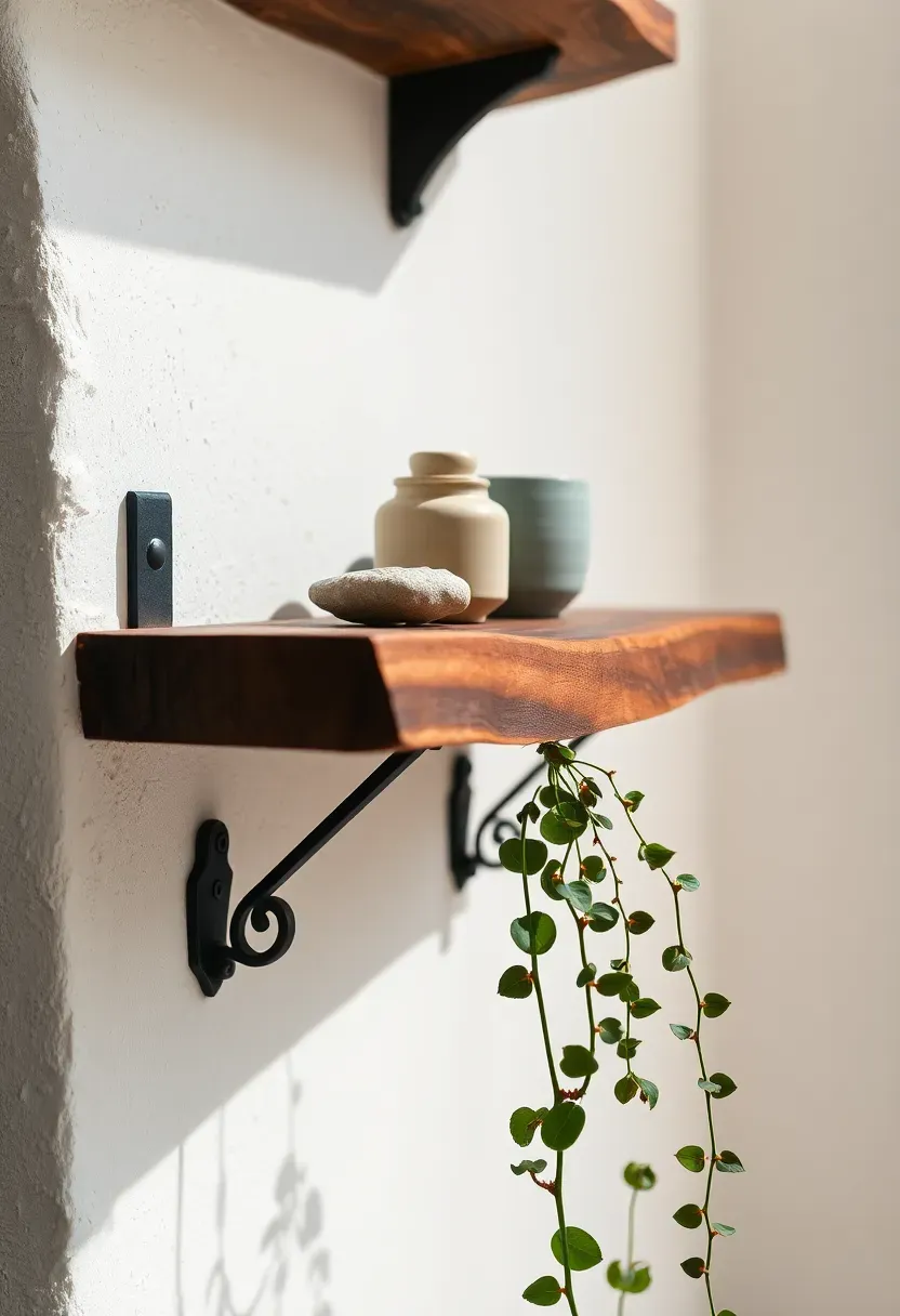 Raw edge live-edge wood shelf with handforged iron patina brackets, holding botanical specimens and earthy ceramic vessels