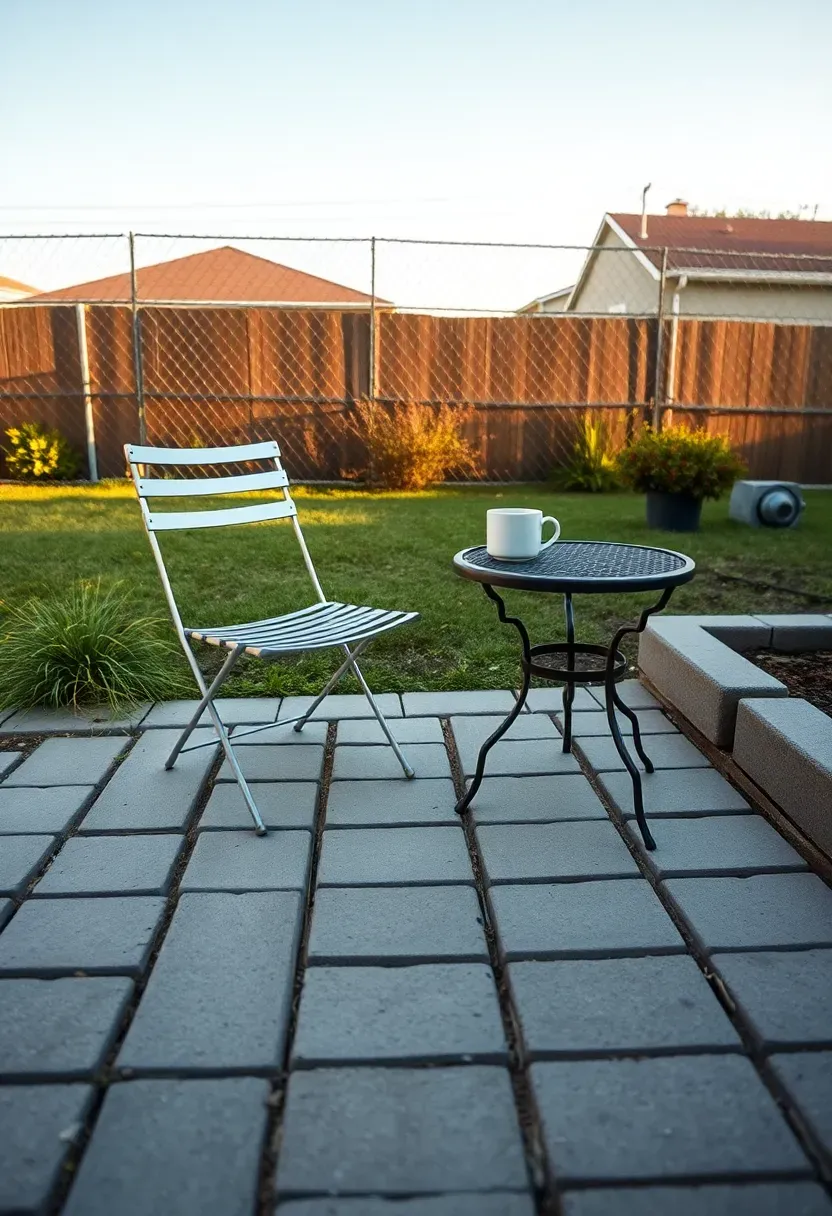 Simple budget concrete pavers in a basic rectangular layout on a small backyard patio area