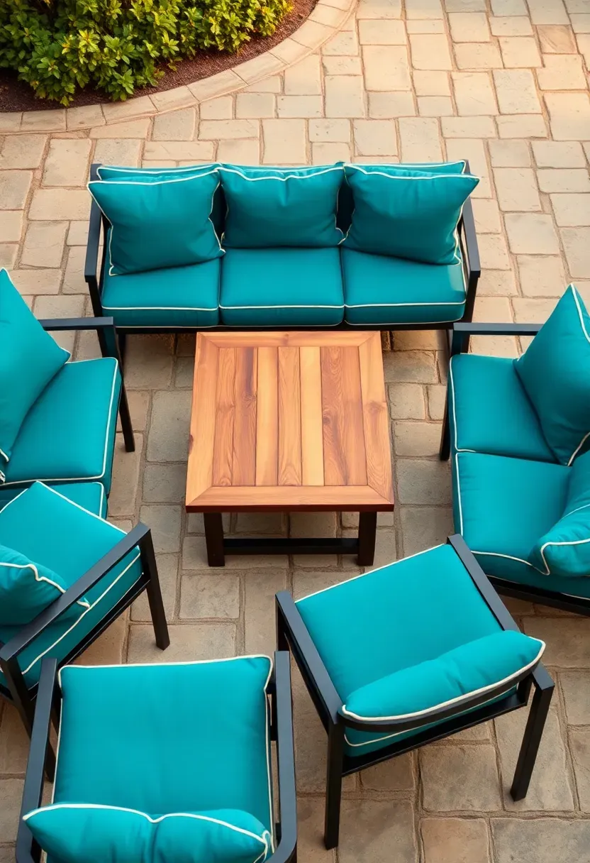 Outdoor sofa and two armchairs with matching cushion sets in deep teal with cream piping on a flagstone patio