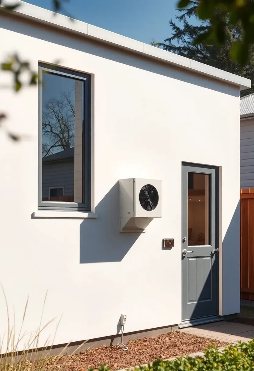Passive House certified backyard ADU with triple-glazed windows, thick insulated walls visible at the window reveals, and a compact heat recovery ventilator unit mounted on the exterior