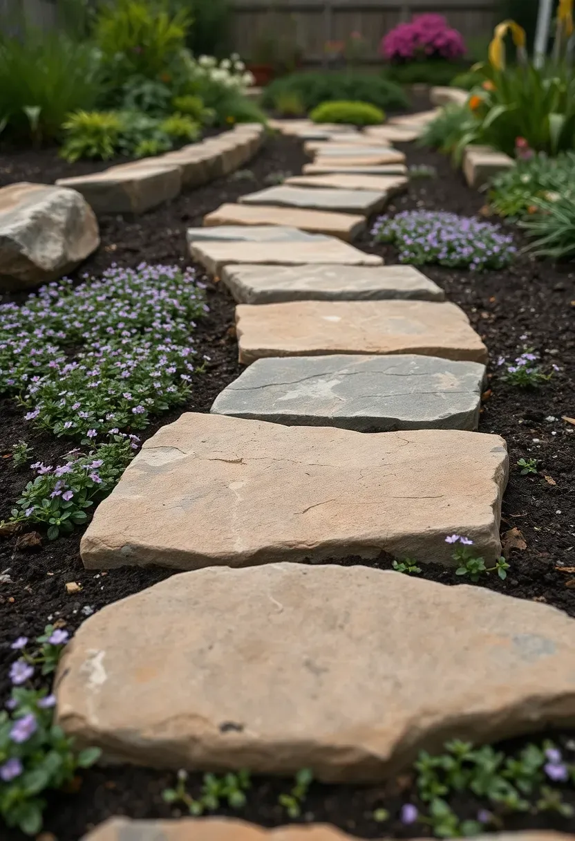 Natural stone stepping stones set into creeping thyme ground cover in a backyard garden path